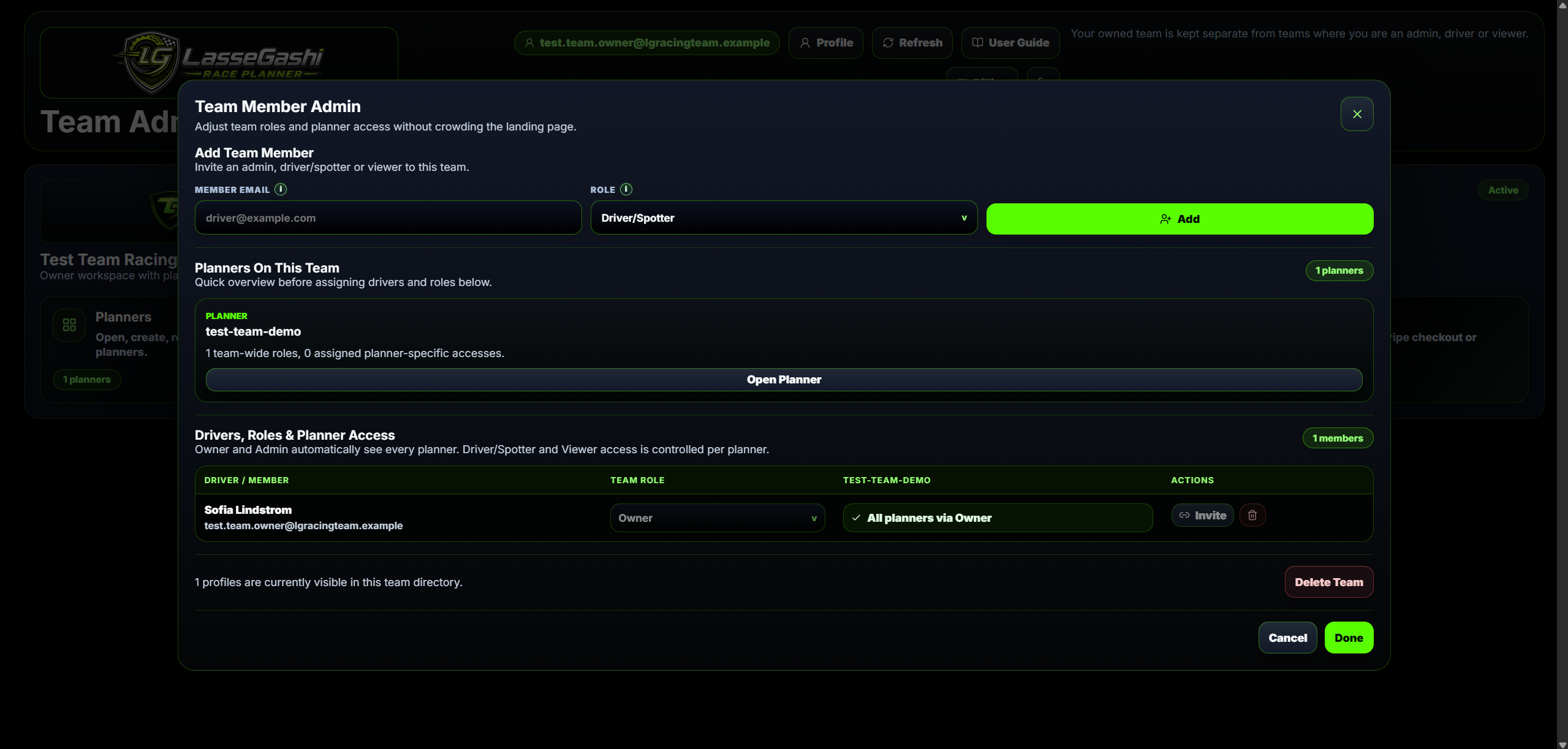 Team member admin screenshot